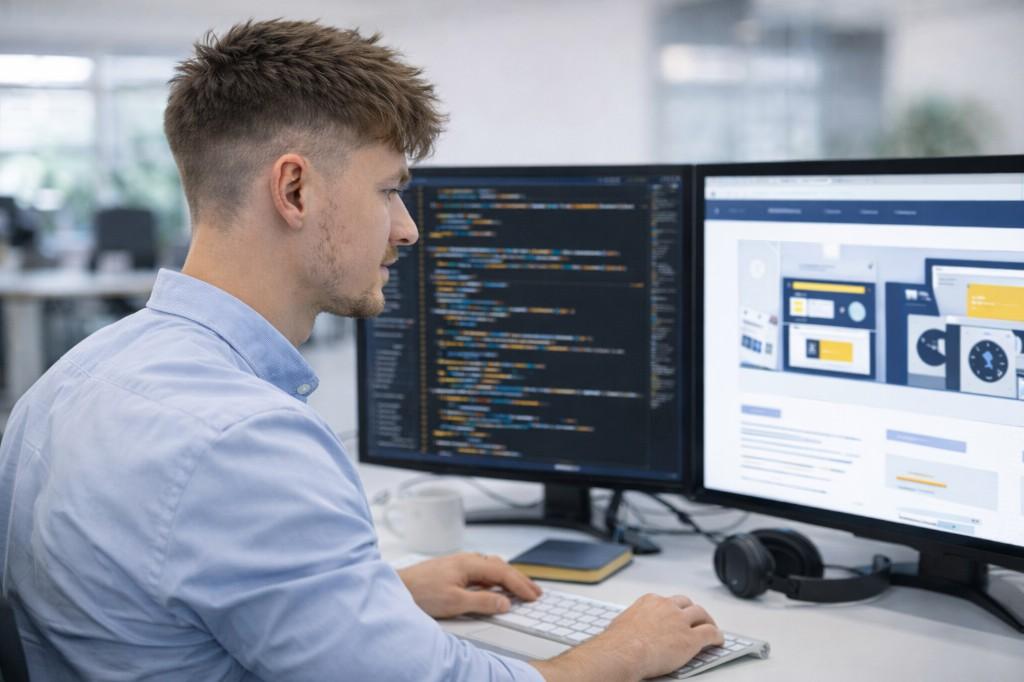 Jonas Goldberg working as a web developer with code and UI on dual monitors